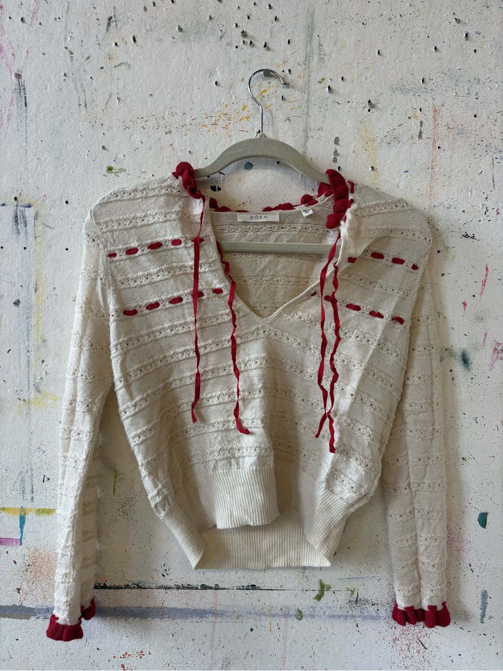 Doen Cream Knit Crochet Top with Red Ribbon Trim